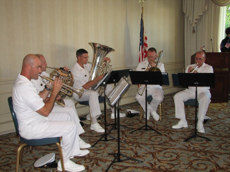 IMG_7739.JPG - The Kiwanis Club of Potomac hosted an Armed Forces Day Dinner on May 15th with some recovering “Wounded Warriors” from Walter Reed Medical Center, Bethesda in attendance as honored guests.  The United States Naval Academy Brass Quintet provided patriotic music and the Armed Forces Medley in tribute to all branches of military service.