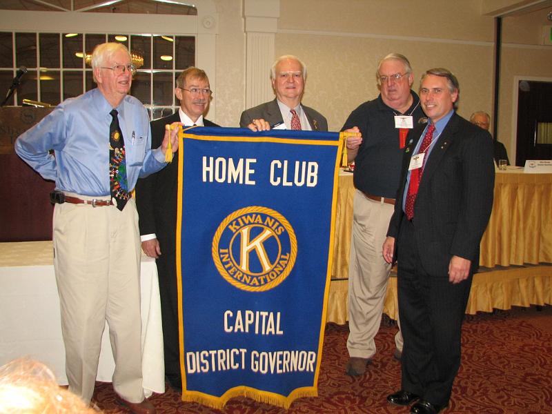 IMG_4565.JPG - Tradition reigns with the passing of the official Governor’s Banner from Governor Tom and his home town club of St. Mary’s Kiwanis Club to Governor Elect Designate, your Governor for 2009-2010, Don Dudey of the Reisterstown Club.  Left to right, Past Kiwanis International Vice President Dig DeGarmo, Governor Elect Don Dudey, newly elected Kiwanis International Trustee Jerry Peuler, St. Mary’s Club President Bob Owen and Governor Tom Ganse.